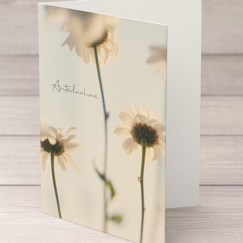Aufrecht stehende Beileidskarte mit  3 einzelnen Margariten. Auf der Karte steht der Text Anteilnahme.